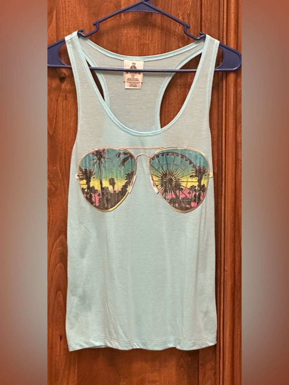 Aqua Graphic Tank Top with Sunglasses Print